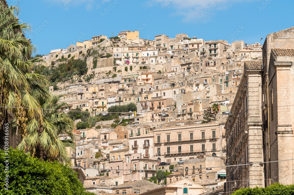 Obraz premium View of Modica Alta from the main street of Modica Bassa in the province of Ragusa, Eastern Sicily