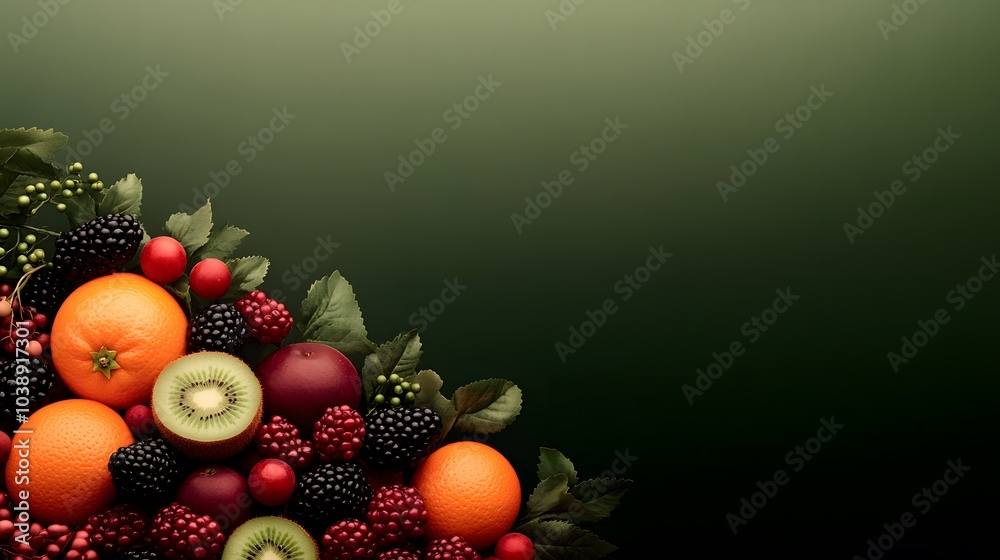 fruits and veggies on the side of a deep green background , natural light, top shot fruits and veggies on the side of a deep green background , natural light, top shot