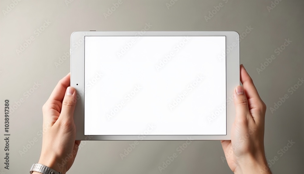 Blank digital tablet mockup held by hands with empty screen on gray background