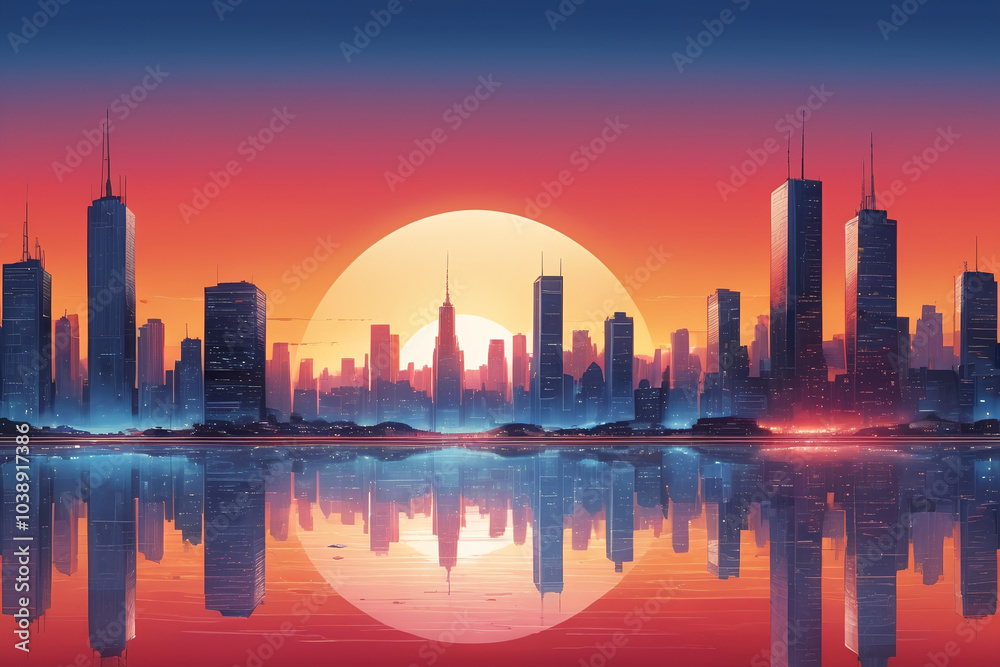 Fototapeta premium Silhouette of modern city at sunset