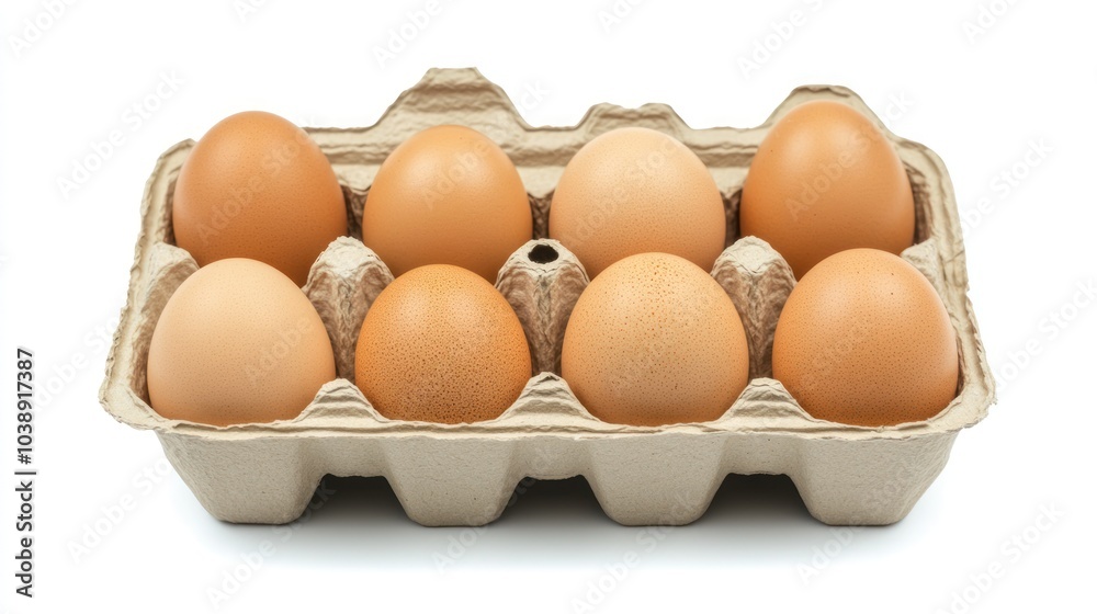 A carton containing eight brown eggs, arranged neatly for storage or sale. A carton containing eight brown eggs, arranged neatly for storage or sale.