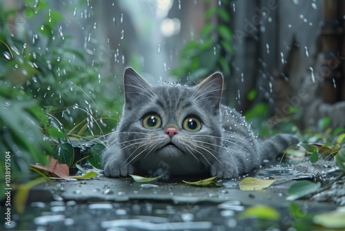 A wet cat in the city during a rainstorm photo