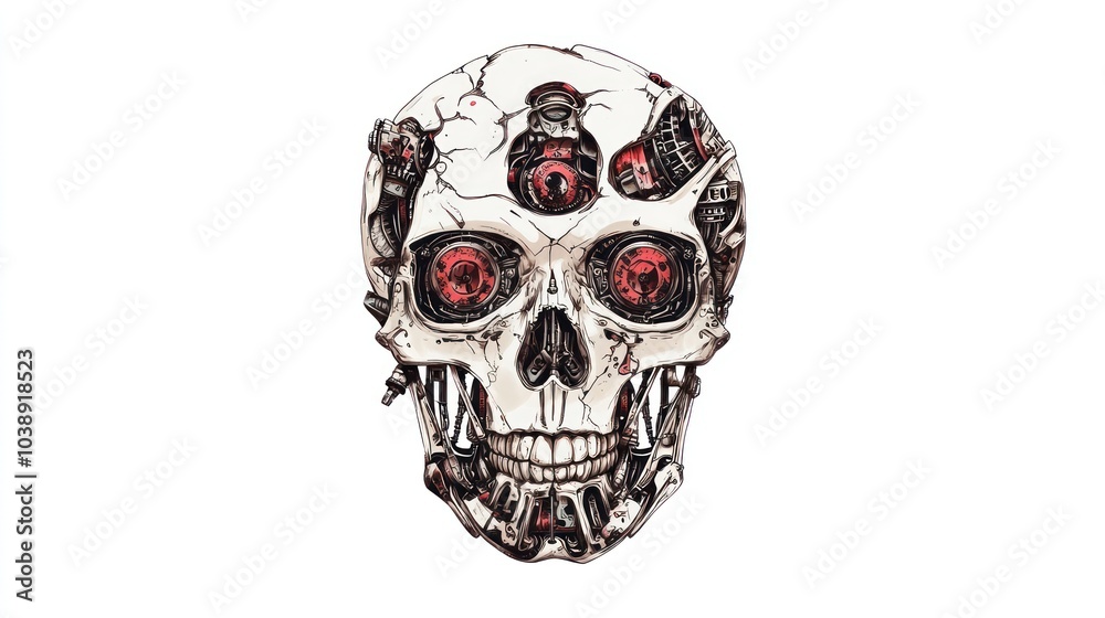 A futuristic skull design with robotic elements and glowing red eyes. A futuristic skull design with robotic elements and glowing red eyes.