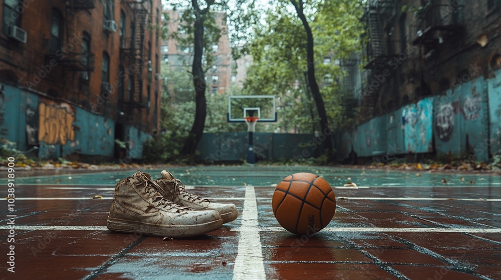 A basketball and a pair of worn sneakers sit on a wet, abandoned basketball court in the city, with a hoop visible in the background. A basketball and a pair of worn sneakers sit on a wet, abandoned basketball court in the city, with a hoop visible in the background.
