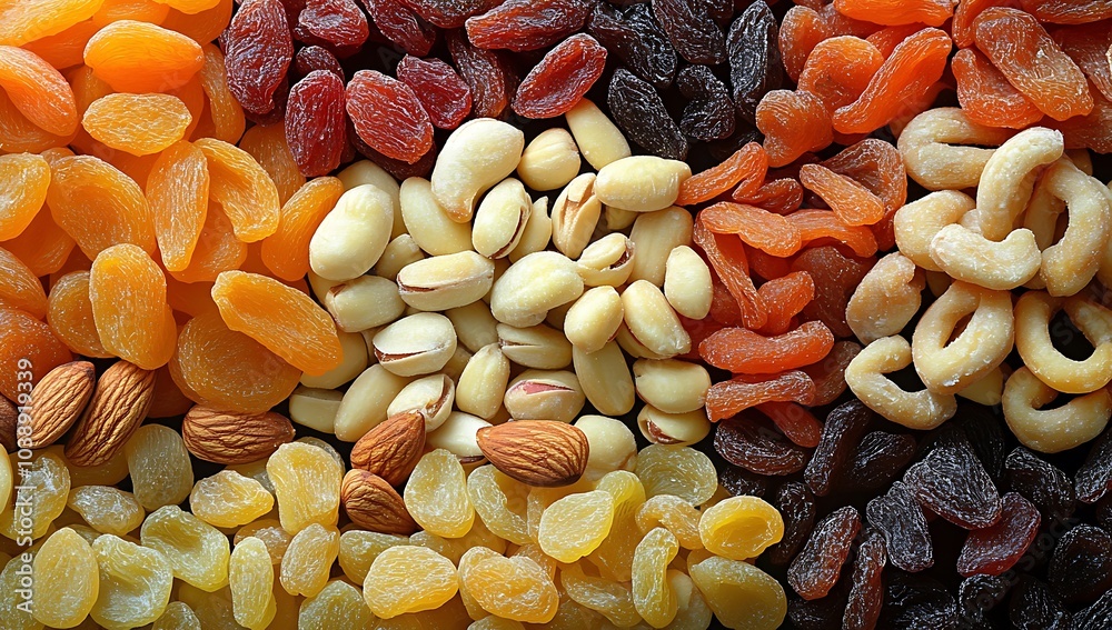A variety of nuts and dried fruit are displayed in a colorful arrangement. Concept of abundance and variety, as well as the idea of healthy snacking. Background of delicious dried fruits and nuts. A variety of nuts and dried fruit are displayed in a colorful arrangement. Concept of abundance and variety, as well as the idea of healthy snacking. Background of delicious dried fruits and nuts.