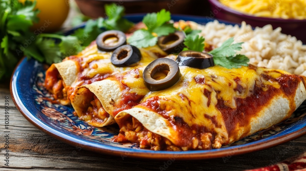 A tempting plate of chicken enchiladas topped with melted cheese, enchilada sauce, and sliced olives A tempting plate of chicken enchiladas topped with melted cheese, enchilada sauce, and sliced olives