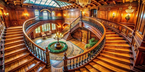 Elegant staircase in a grandiose space with intricate wooden railings and a muted glow.