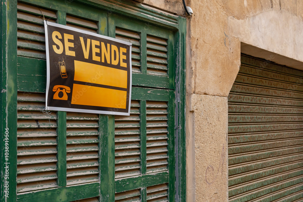 Door of a house with a green Mallorcan shutter in a state of abandonment, with a for sale sign written in Spanish. Image of the problem of access to housing for the population in Spain