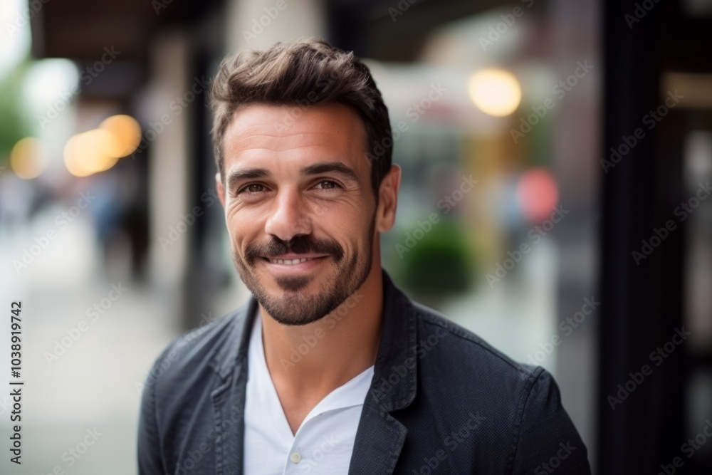 Portrait of a handsome young man smiling at the camera in the city Portrait of a handsome young man smiling at the camera in the city