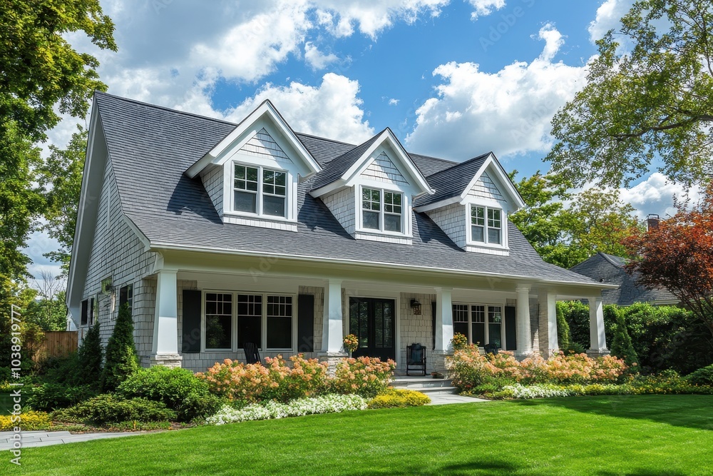 White wood highlights on eaves and window tops utilizing triangular gables and horizontal vinyl siding fascia and an attic window frame