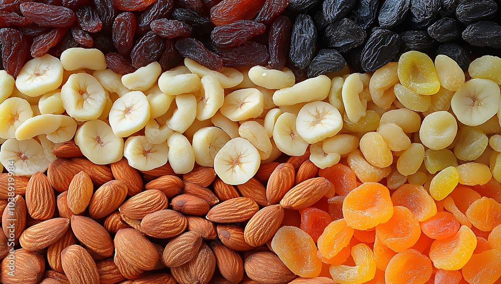 A variety of nuts and dried fruit are displayed in a colorful arrangement. Concept of abundance and variety, as well as the idea of healthy snacking. Background of delicious dried fruits and nuts. A variety of nuts and dried fruit are displayed in a colorful arrangement. Concept of abundance and variety, as well as the idea of healthy snacking. Background of delicious dried fruits and nuts.