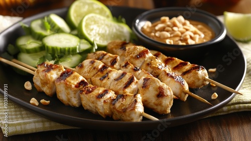 A tempting plate of chicken satay skewers with peanut sauce and cucumber salad, Chicken satay plate centered, Warm diffused lighting accentuating the grill marks photo