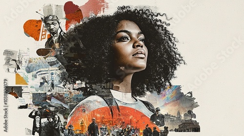 A striking artistic portrait of a woman with curly hair, surrounded by a collage of vibrant imagery and emotional themes.