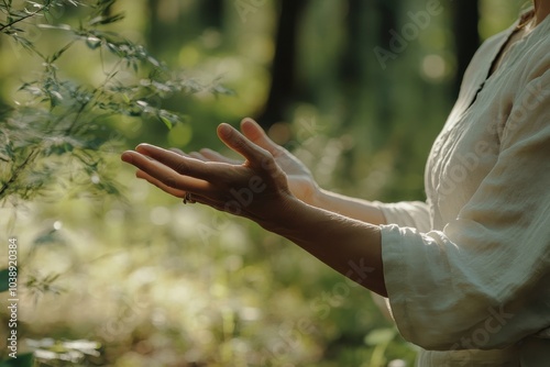 Woman performing Qi Gong or Tai Chi outdoors focusing on hands France