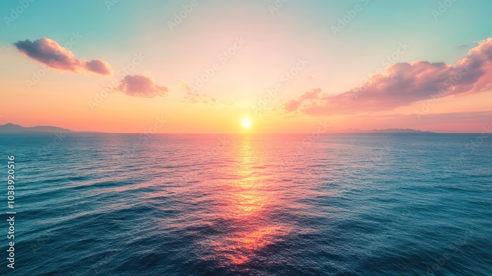 Obraz premium A serene sunset over calm ocean waters, creating a tranquil and picturesque atmosphere.