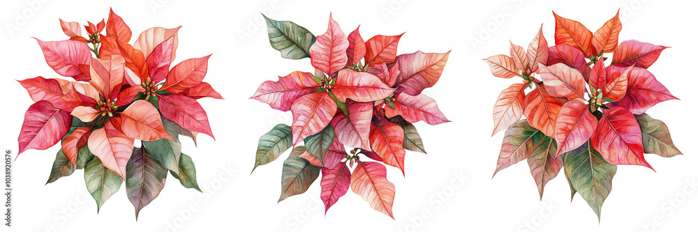 Fototapeta premium Set of Holiday-inspired red watercolor poinsettia branch with lush leaves, painted in detailed shades on transparent background. Ai generated