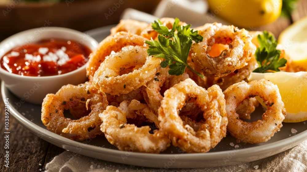 A tempting plate of crispy calamari rings served with marinara sauce and lemon wedges, Calamari plate centered, Warm diffused lighting accentuating the crunch A tempting plate of crispy calamari rings served with marinara sauce and lemon wedges, Calamari plate centered, Warm diffused lighting accentuating the crunch