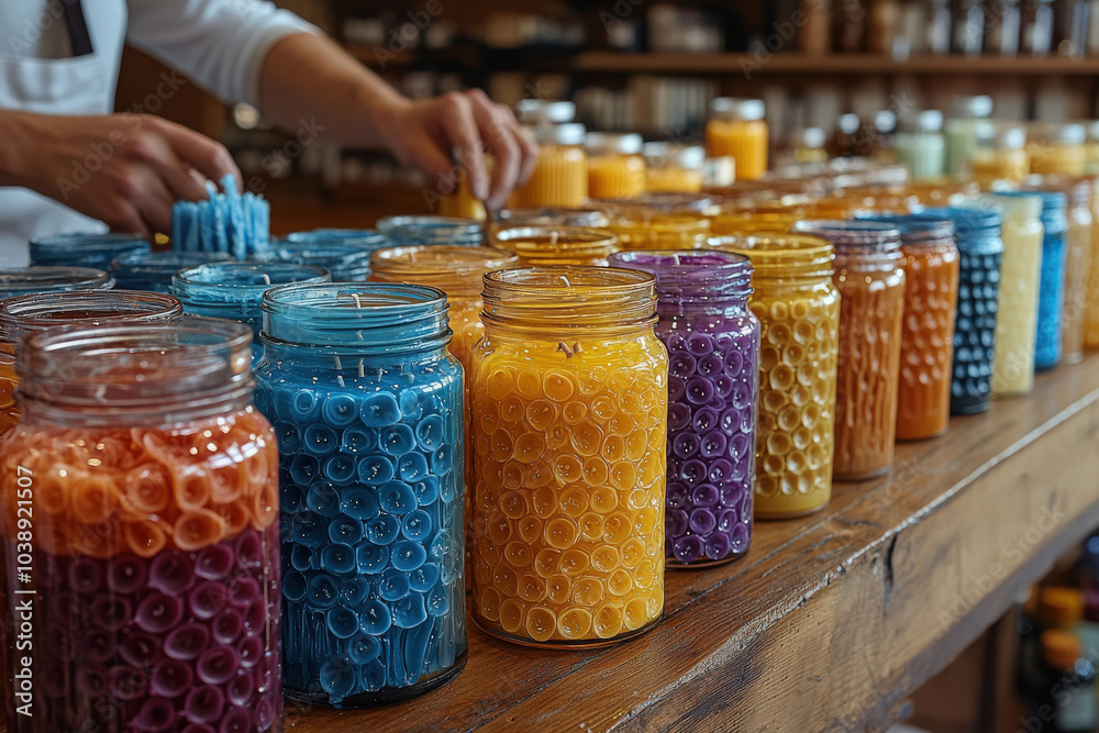 Colorful jars filled with vibrant candle wax at a workshop in an artisanal studio Colorful jars filled with vibrant candle wax at a workshop in an artisanal studio