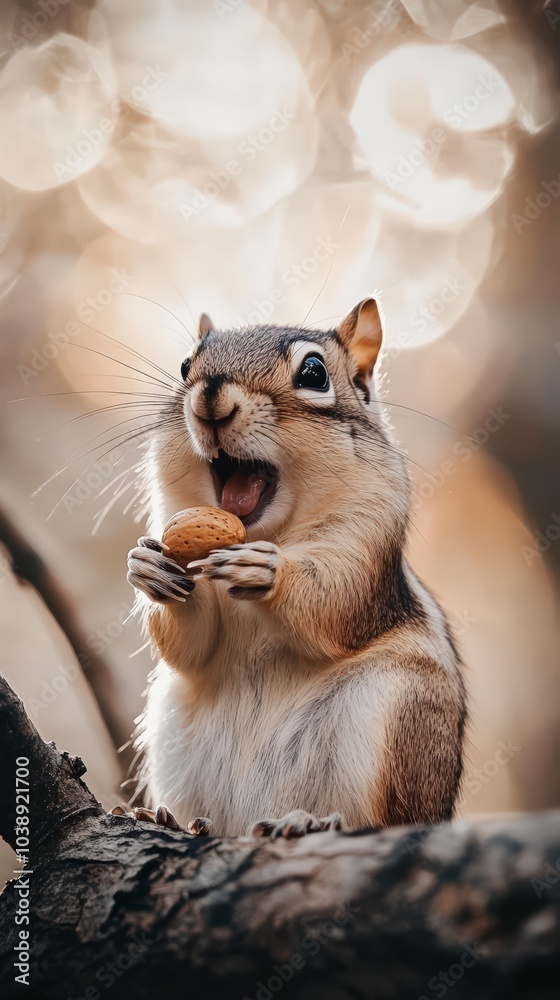 Squirrel on a branch, forest background, close-up shot Squirrel on a branch, forest background, close-up shot