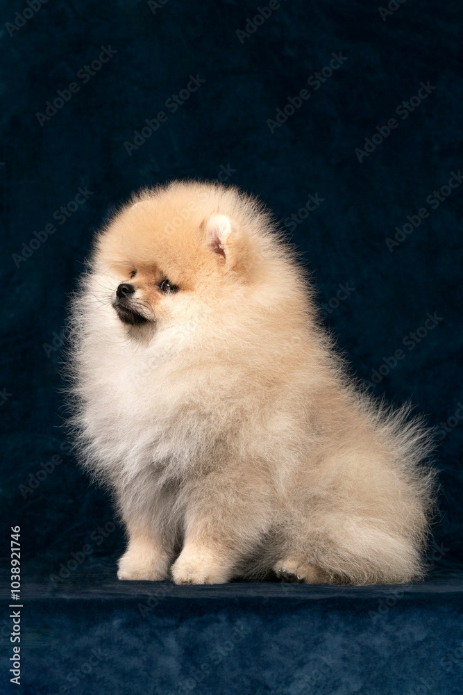 A spitz puppy sits half-sideways on a blue background A spitz puppy sits half-sideways on a blue background