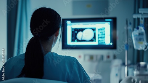 A healthcare professional observes medical imaging on a screen in a clinical environment, indicating a focus on patient diagnosis and treatment.