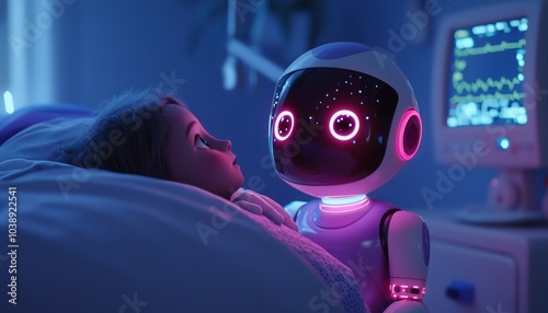 A cute robot nurse gently tucking in a patient, with its uniform glowing gently in the dimly lit hospital room, creating a peaceful atmosphere. photo