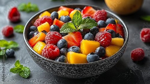 A close-up of a bowl of fresh fruit salad with mango, strawberries, raspberries, and blueberries.