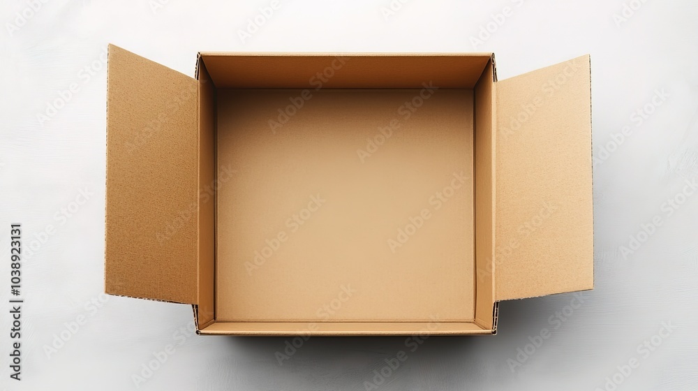 Top view of an open, empty cardboard box mockup on a light background Top view of an open, empty cardboard box mockup on a light background