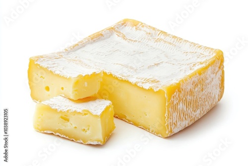 Yellow soft French cheese with white mold on a white background photo