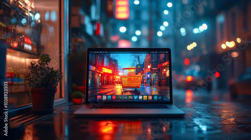 A modern laptop displaying an online shopping cart on screen, set in a dimly lit urban background with city lights