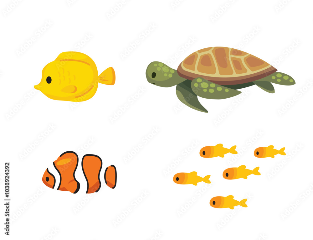 Fishes and turtle swimming. Cartoon clownfish. Fishes and turtle swimming. Cartoon clownfish.