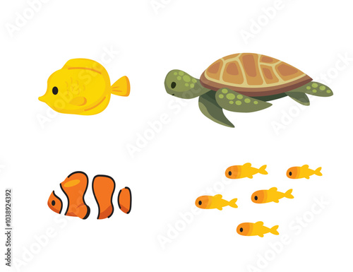 Fishes and turtle swimming. Cartoon clownfish.