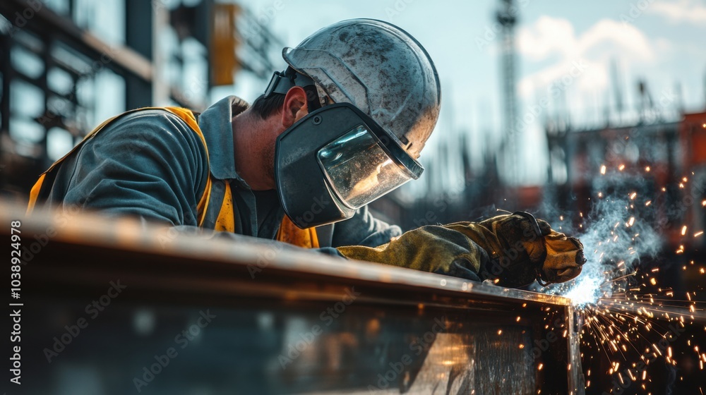 A close-up of a construction worker in a gray hard hat and reflective jacket, handling a pneumatic drill and looking at the camera, with a backdrop of drilling equipment and excavation