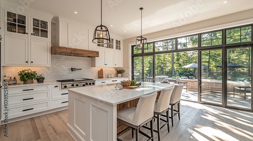 Modern kitchen with white cabinets, a large island, and sliding glass doors leading to a patio.