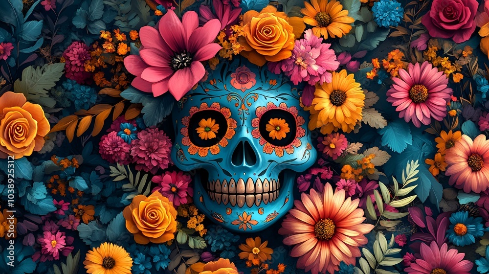 A Skull Surrounded by Vibrant Flowers.
A Skull Surrounded by Vibrant Flowers.