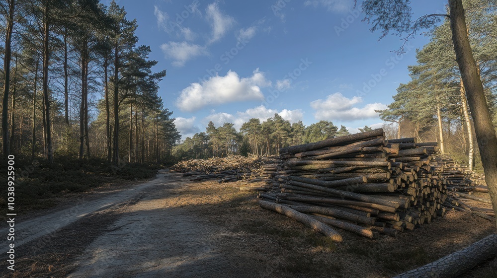Forest Trail With Stacked Logs Forest Trail With Stacked Logs