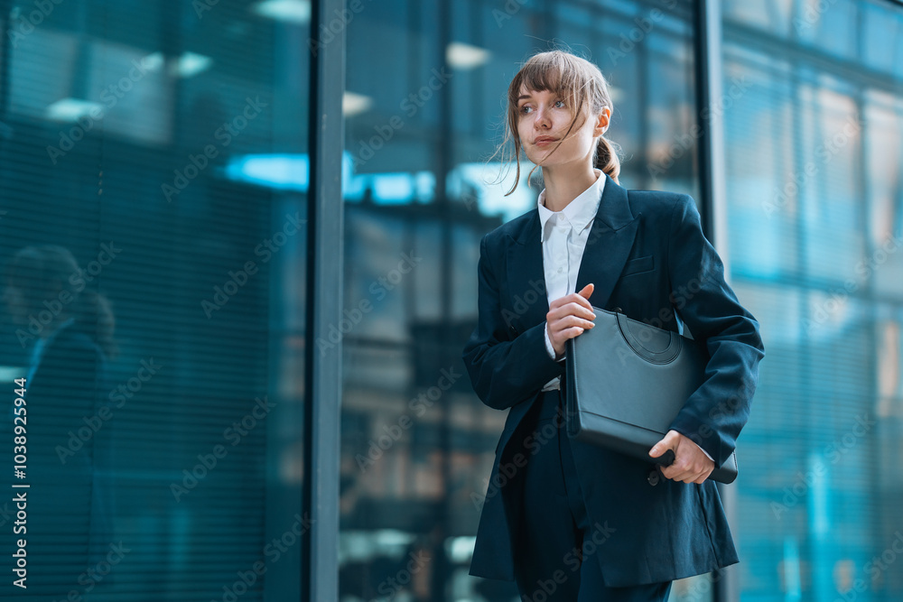 Young professional woman in a tailored suit walks confidently outside a modern office building during daylight Young professional woman in a tailored suit walks confidently outside a modern office building during daylight