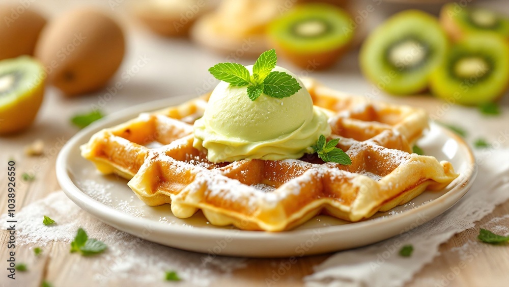 Waffle with Ice Cream and Mint Garnish on a Wooden Table Waffle with Ice Cream and Mint Garnish on a Wooden Table