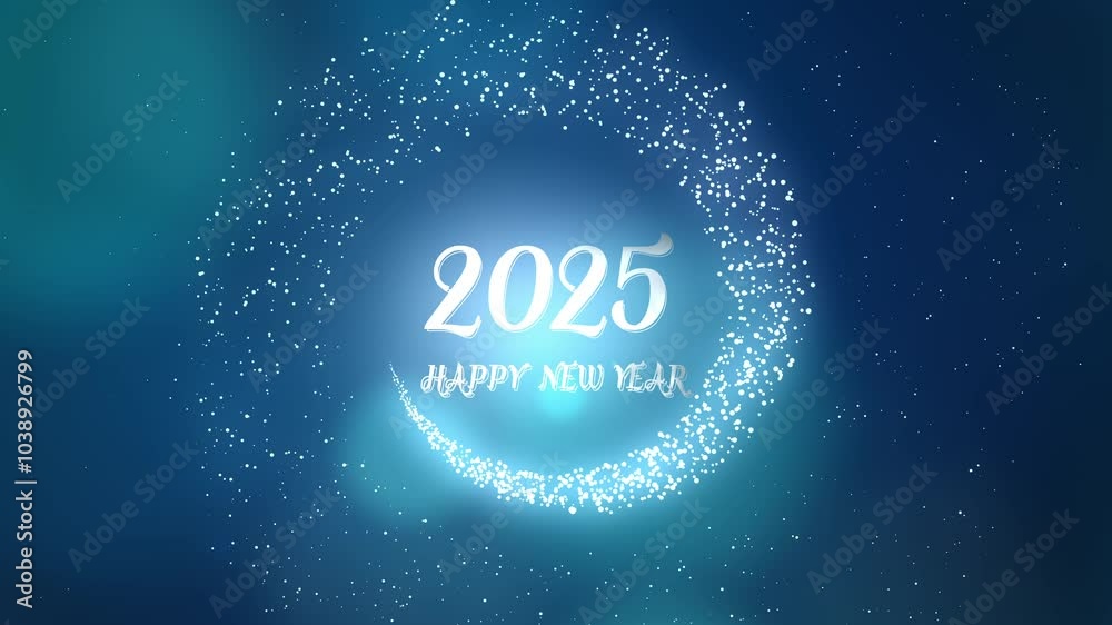 And on a blue background with bokeh, the letters of 2025 Happy New Year appear, particles fly around in a circle. Greeting animation for the New Year holiday.