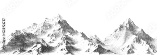 Abstract stippled mountain range in overlay pointillism grunge texture style. Vintage photocopy of snowy hill chain, mount landscape with grainy noise. Retro halftone vector illustration photo