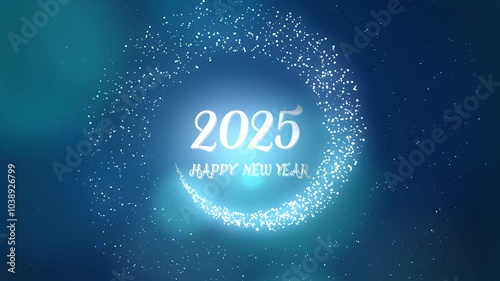 And on a blue background with bokeh, the letters of 2025 Happy New Year appear, particles fly around in a circle. Greeting animation for the New Year holiday.