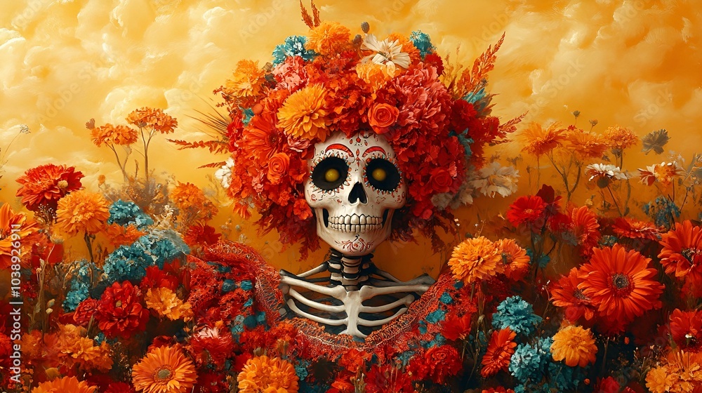 A Skeleton Adorned with Floral Crowns.
