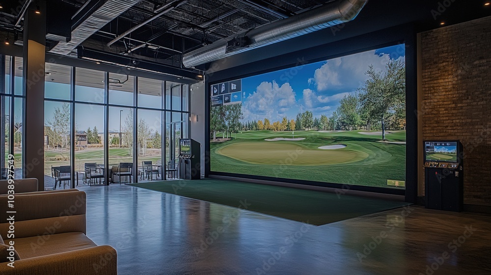 Fototapeta premium Modern indoor golf simulator room with a large screen displaying a golf course 