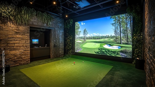 Modern indoor golf simulator room with a large screen displaying a golf course 