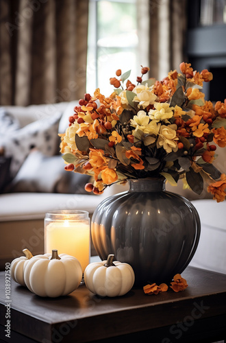 Still life withflowers and leaves in the vase and pumpkins. photo