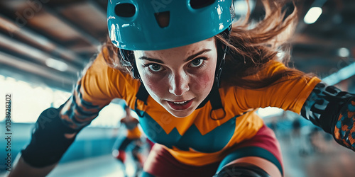 A thrilling action shot of roller derby skaters racing around an indoor rink. The intense focus is on the leading female skater in full gear, showcasing speed and determination