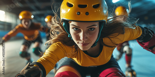 A thrilling action shot of roller derby skaters racing around an indoor rink. The intense focus is on the leading female skater in full gear, showcasing speed and determination