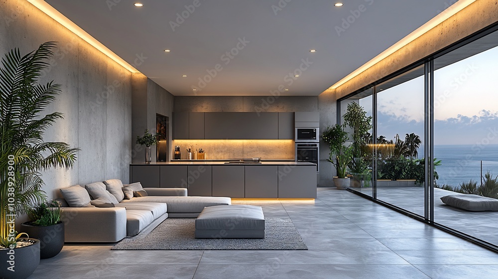 Naklejka premium Modern kitchen and living room interior design with a view of the ocean.