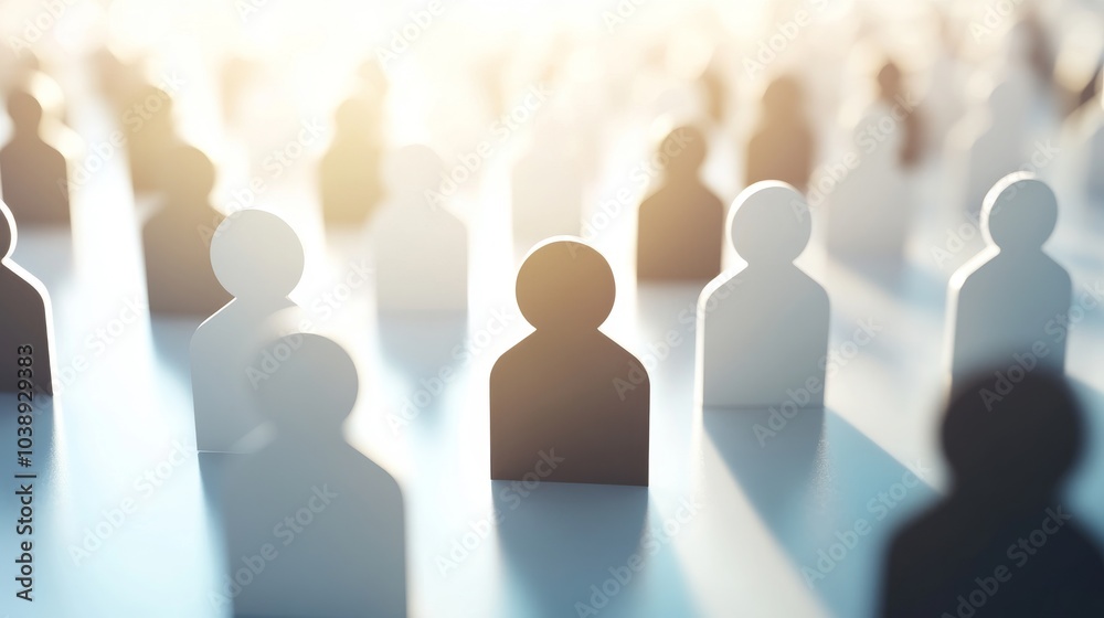 A blurred crowd of abstract figures in various shades, creating a sense of unity and diversity in a vibrant environment.