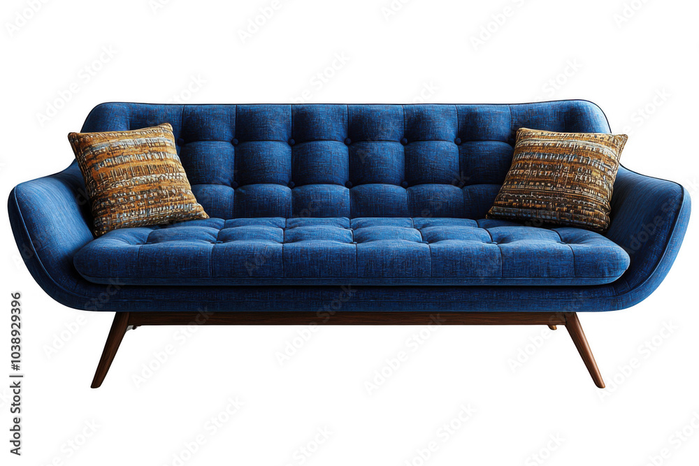 Blue mid-century modern sofa isolated on transparent background, png file, no background png file Blue mid-century modern sofa isolated on transparent background, png file, no background png file
